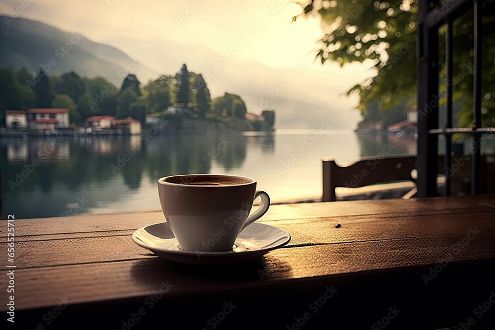 Mountain morning delight. Coffee by lake. White cup of espresso in nature. Sun rising aroma. Perfect start with view