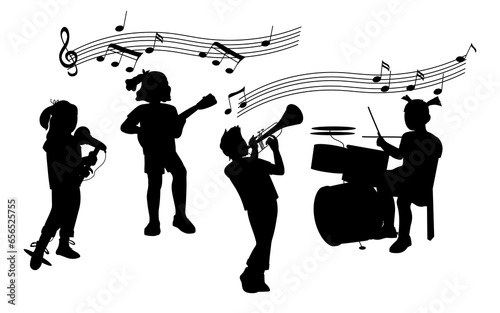 Black silhouettes of children play music on musical instruments and sing a song, cartoon vector illustration isolated on white background.