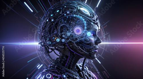 Neural network of big data and artificial intelligence circuit board in the head and face of a blue human outlining concepts of a digital brain, computer Generative AI stock illustration image