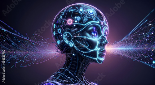 Neural network of big data and artificial intelligence circuit board in the head and face of a blue human outlining concepts of a digital brain, computer Generative AI stock illustration image