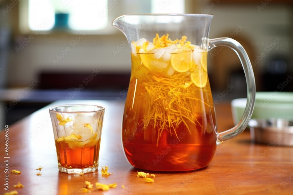 pitcher of iced tea with swirling tea bags inside pitcher of iced tea with swirling tea bags inside