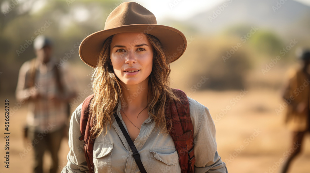 A young woman in safari attire and a hat explores the African savanna with blurred wildlife in the background.