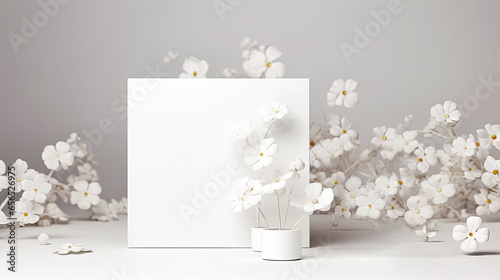 Blank poster and white paper flowers on a light background. Free space for product placement or advertising text.
