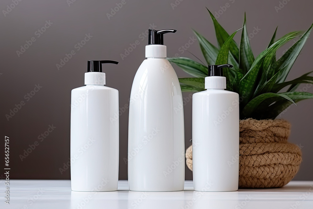 A set of white cosmetic bottles with a dispenser on a table with a houseplant in the background. Free space for product placement or advertising text. A set of white cosmetic bottles with a dispenser on a table with a houseplant in the background. Free space for product placement or advertising text.
