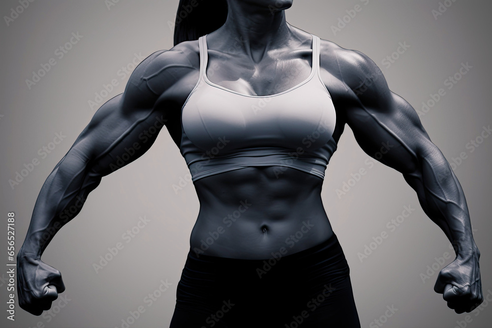 Muscular female torso in sportswear on a dark background. Banner layout for gym or fitness training.