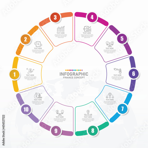 Basic circle infographic with 10 steps, process or options.