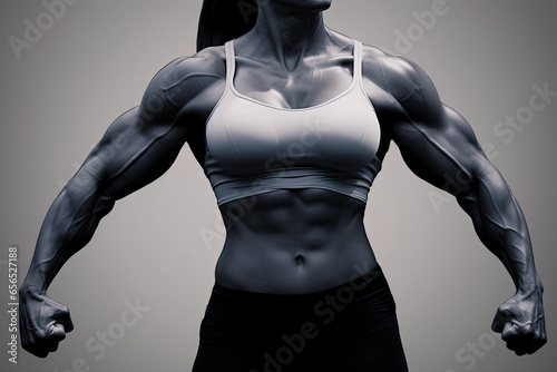 Muscular female torso in sportswear on a dark background. Banner layout for gym or fitness training. © OleksandrZastrozhnov