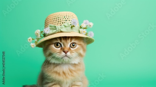 Cute Cat Dressed in a a Spring Hat on a Green Background with Space for Copy - generative AI