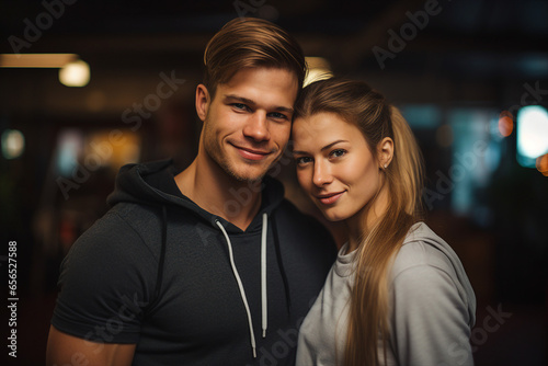 Generative AI picture of sporty married people couple in love training together in a sports gym