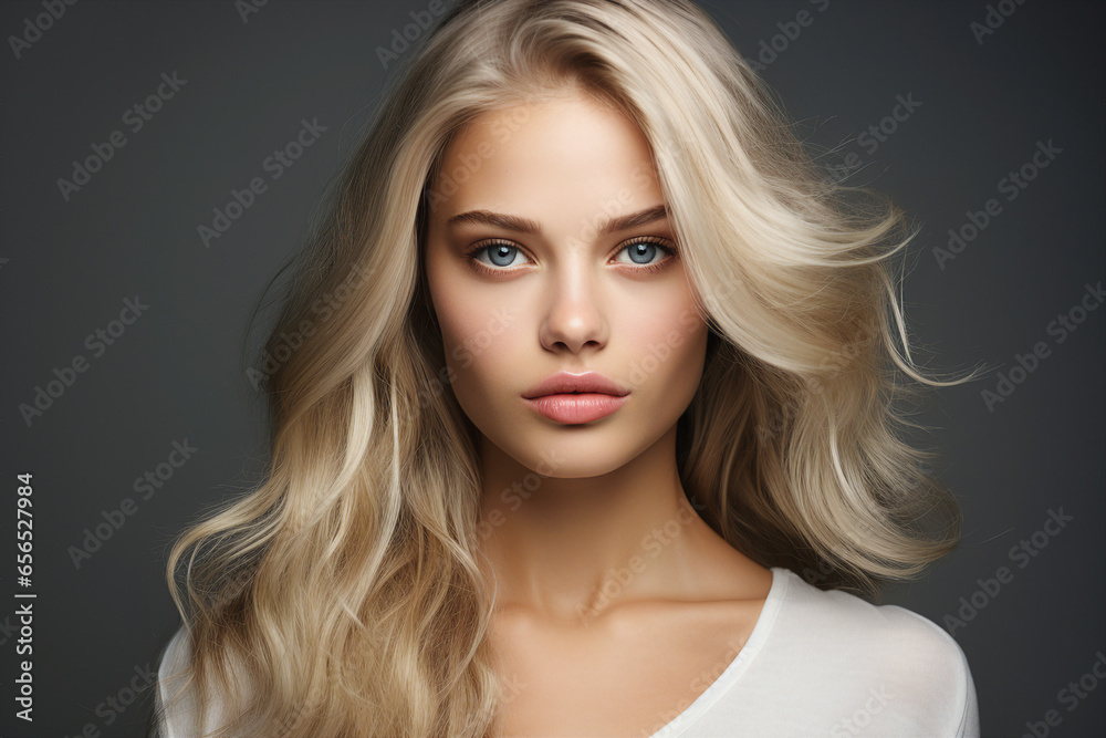 AI generated image of beautiful stunning young woman isolated on grey background AI generated image of beautiful stunning young woman isolated on grey background