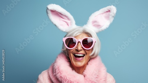 Happy Mature Woman in a Bunny Suit and Sunglasses with Space for Copy - generative AI