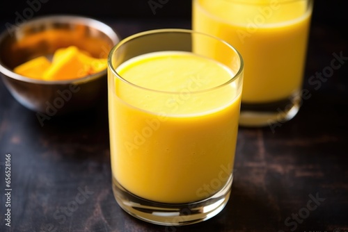 blended mango lassi in a glass with a steel handle