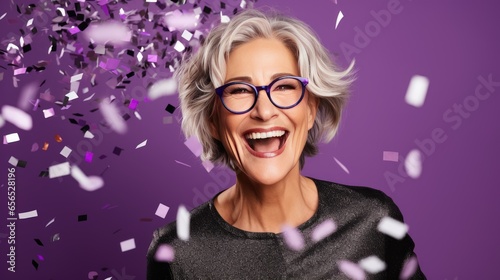 Happy Mature Woman with Grey Hair Celebrating New Years Party on a Purple Background with Space for Copy - generative AI