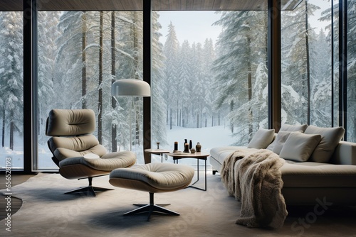 Stylish contemporary lounge overlooking snowy woods. Generative AI
