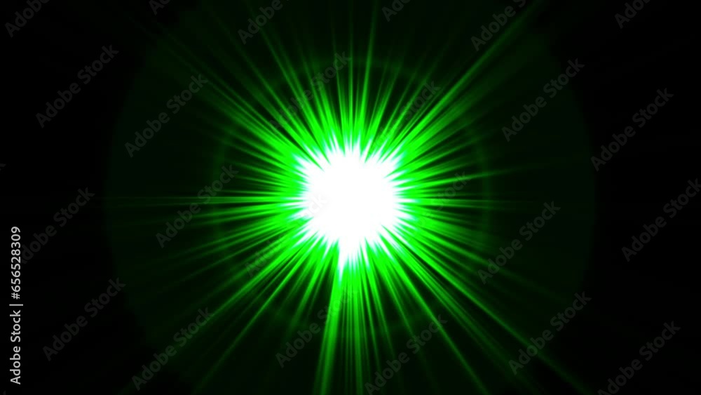 Green Glowing Light Bright Sunburst Lens Flare.  Green Sun Rays Light Effect Flare. Seamless Loop 