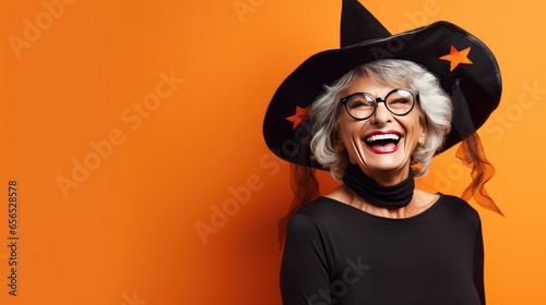 Laughing Happy Adult Woman Wearing a Witches Costume for Halloween on an Orange Banner with Space for Copy - generative AI