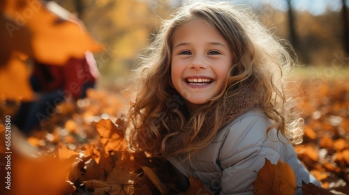 Happy Young Girl Playing in the Fall Leaves with Space for Copy - generative AI
