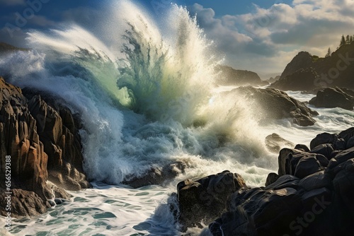 Powerful ocean waves crashing against rugged rocks. Generative AI