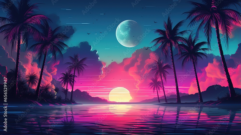 cool retrowave or synthwave style poster wallpaper background, night grid poster