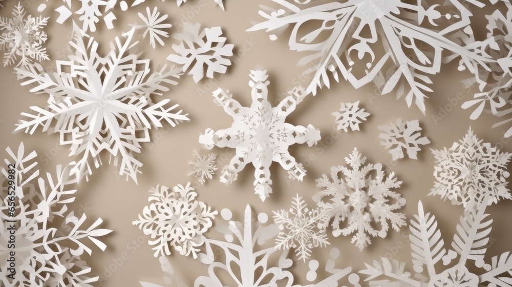 Merry Christmas and happy new year card. Paper cut snowflakes on light gray background. Merry Christmas and happy new year card. Paper cut snowflakes on light gray background.