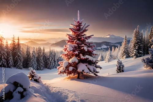 winter sunset in the forest in cool whether and sunwaves photo