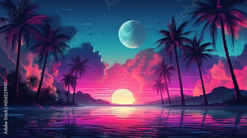cool retrowave or synthwave style poster wallpaper background, night grid poster