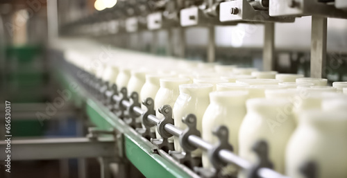 Bottles with dairy products are moving on the conveyor in the shop of a dairy factory.
