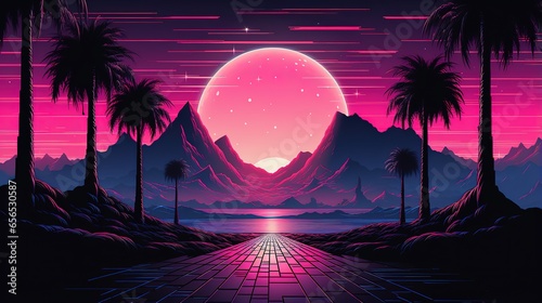 cool retrowave or synthwave style poster wallpaper background, night grid poster photo