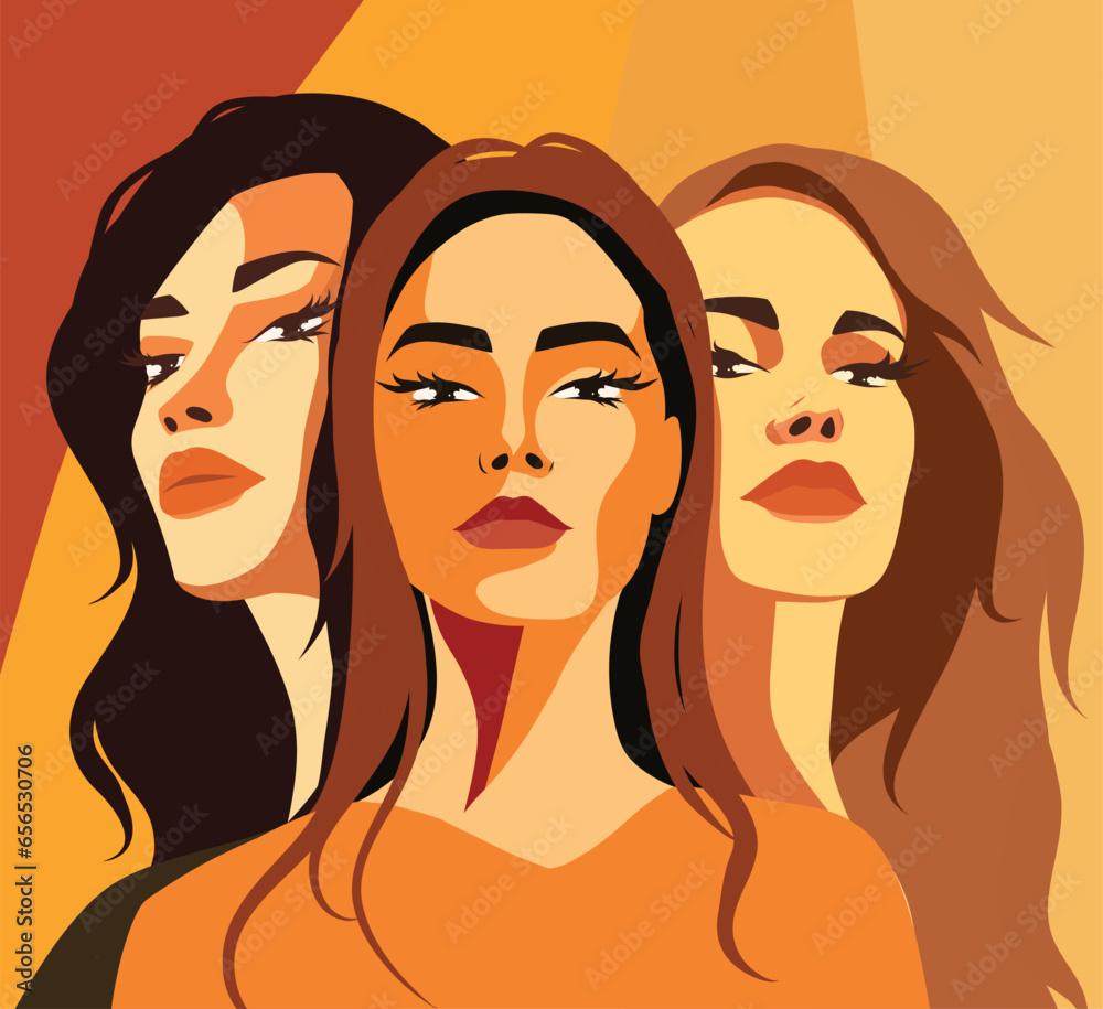 Vector flat banner for International Women's Day, beautiful women of different cultures and nationalities. Vector concept of movement for gender equality and women's empowerment
