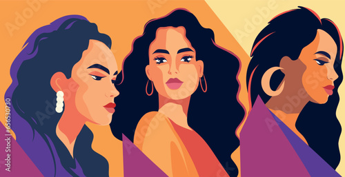 Vector flat banner in bright color for International Women's Day, women of different cultures and nationalities. Vector concept of movement for gender equality and women's empowerment