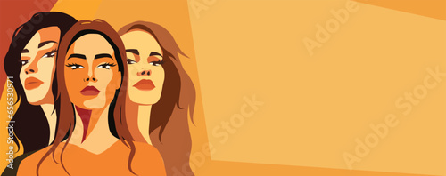 Vector horizontal yellow background place for text for International Women's Day, women of different cultures and nationalities. Vector concept of movement for gender equality and women's empowerment photo