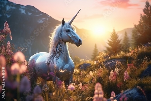 A magnificent  sparkling unicorn in a lush mountain clearing. This photorealistic image exudes naturalism  featuring cinematic composition and lighting. Created using AI technology 