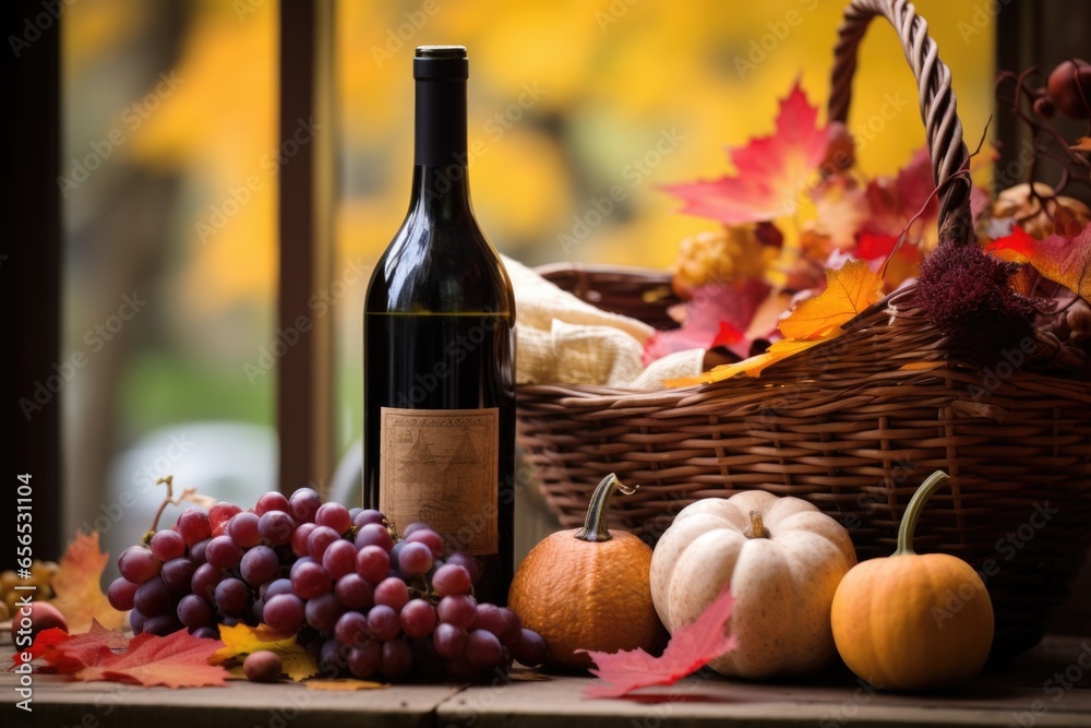 wine bottle beside fruit basket on brown autumn foliage