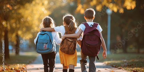 Fototapeta Naklejka Na Ścianę i Meble -  Back to school adventures. Friends and backpacks. Happy kids with backpacks. Joyful journey. Children and bags. Schoolbound smiles. Young students