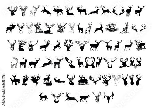 Set of deer black silhouette large collection of deer silhouettes vector illustration.