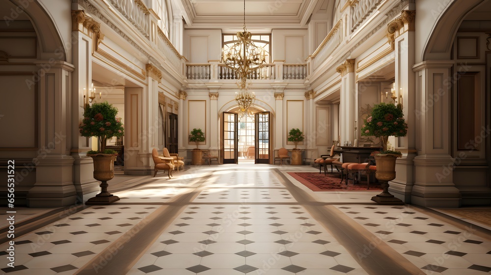 Luxury hotel hall with large windows and marble floor, panorama