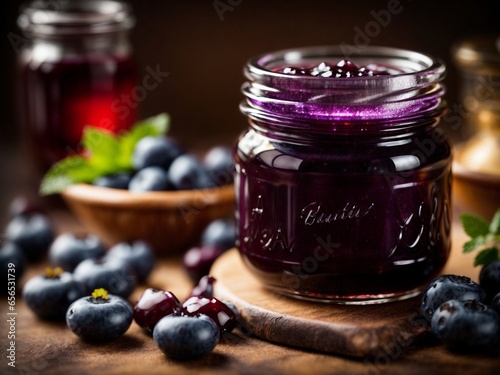 Blueberry jam in a jar, made of fresh fruit, delicious, macro photography photo