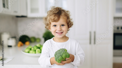 Little beautiful boy posing with broccoli in the kitchen. Healthy vegan baby foods concept.