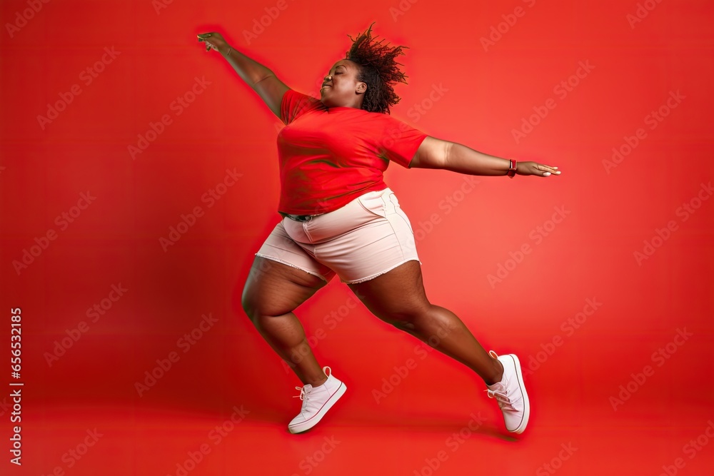 Plus size fit black african american woman enjoying a dance workout in a studio,color red background
