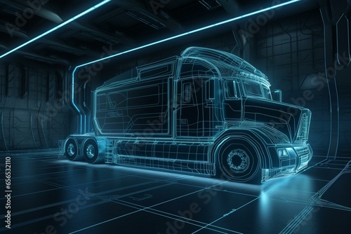 Scene of advanced truck in a futuristic setting with intersecting wireframes. Generative AI