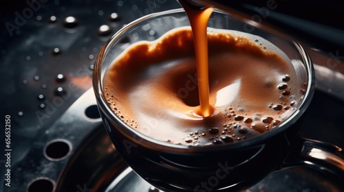 steaming cup of coffee being poured into a clear glass, a mesmerizing swirl of rich brown liquid
