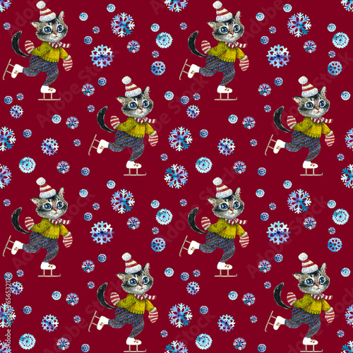 Seamless pattern of Hand-drawn kitten skating in a hat and mittens under the snow in winter. Illustration for children's wallpaper, fabric, pajamas, sweaters. On a Burgundy background.