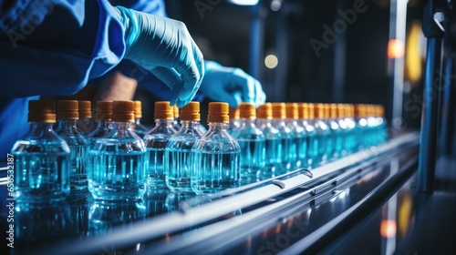person wearing a blue suit carefully handles medicine vials while working on a production line