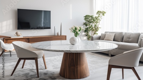 Marmer dining table in a modern living room is enhanced by the presence of a vase of flowers © Banana Images