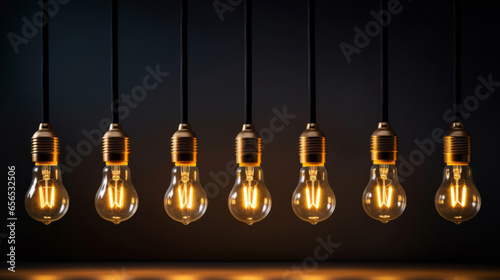 Hanging lightbulbs. Innovation, data connection concept. Teamwork technology development