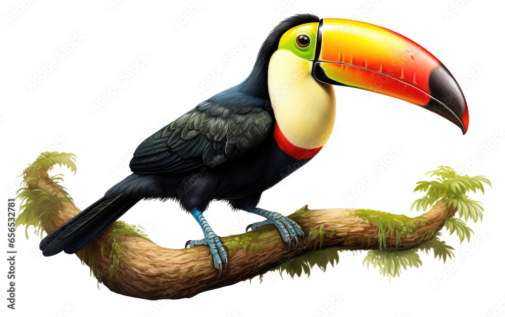 Fototapeta premium Colorful Toucan Bird Standing on Branch of Tree on White Transparent Background.