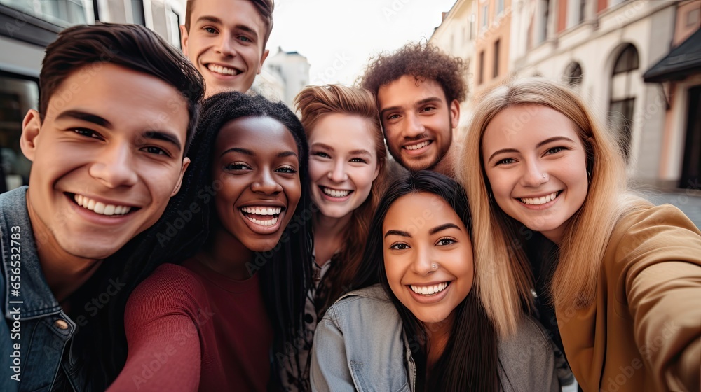 A cheerful group of friends,representing diverse ethnicities,smiling and posing together for selfie