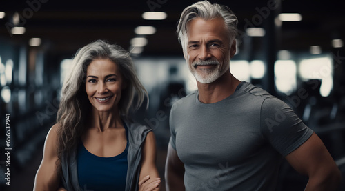 Beautiful mature man and woman with gray hair in the gym