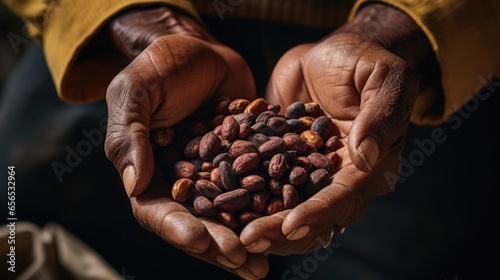 close-up of a elder's hands holding grains of collected coffee, working at the rural