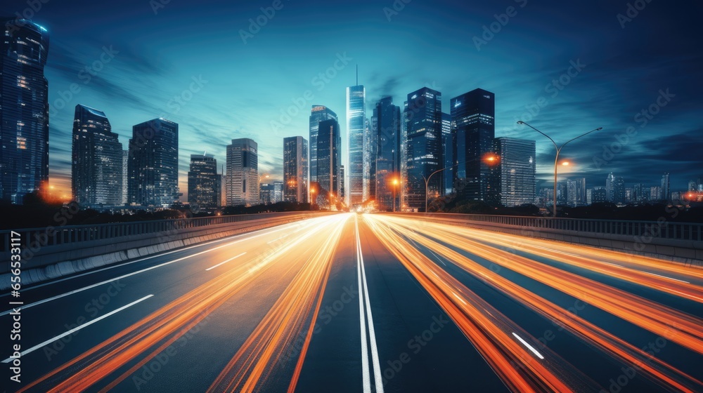 Obraz premium Abstract Motion Blur City, Light trails at night in urban environment, city movement concept
